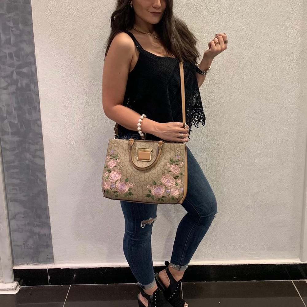 Calvin Klein Dani Embroidered Floral Signature Satchel Purse.
